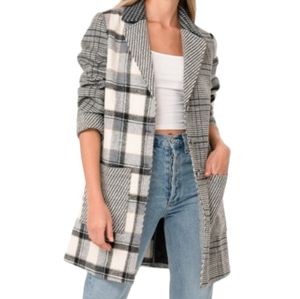 47. Women's Grey Patchwork Plaid Single Breasted Coat NWT